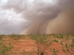 Nuage de poussière précédant la pluie sur la route de Wankama au Niger.