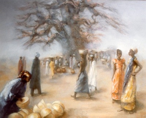 Marché au Sahel 1996 Huile 100x120 cm